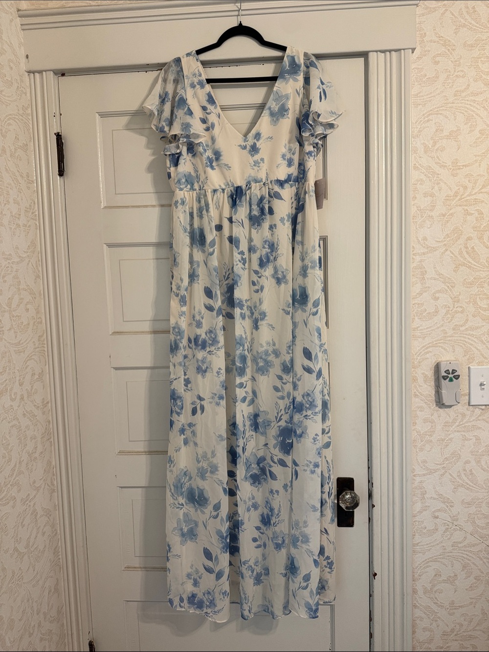 Birdy Grey White Maxi Dress with Light Blue Floral Pattern